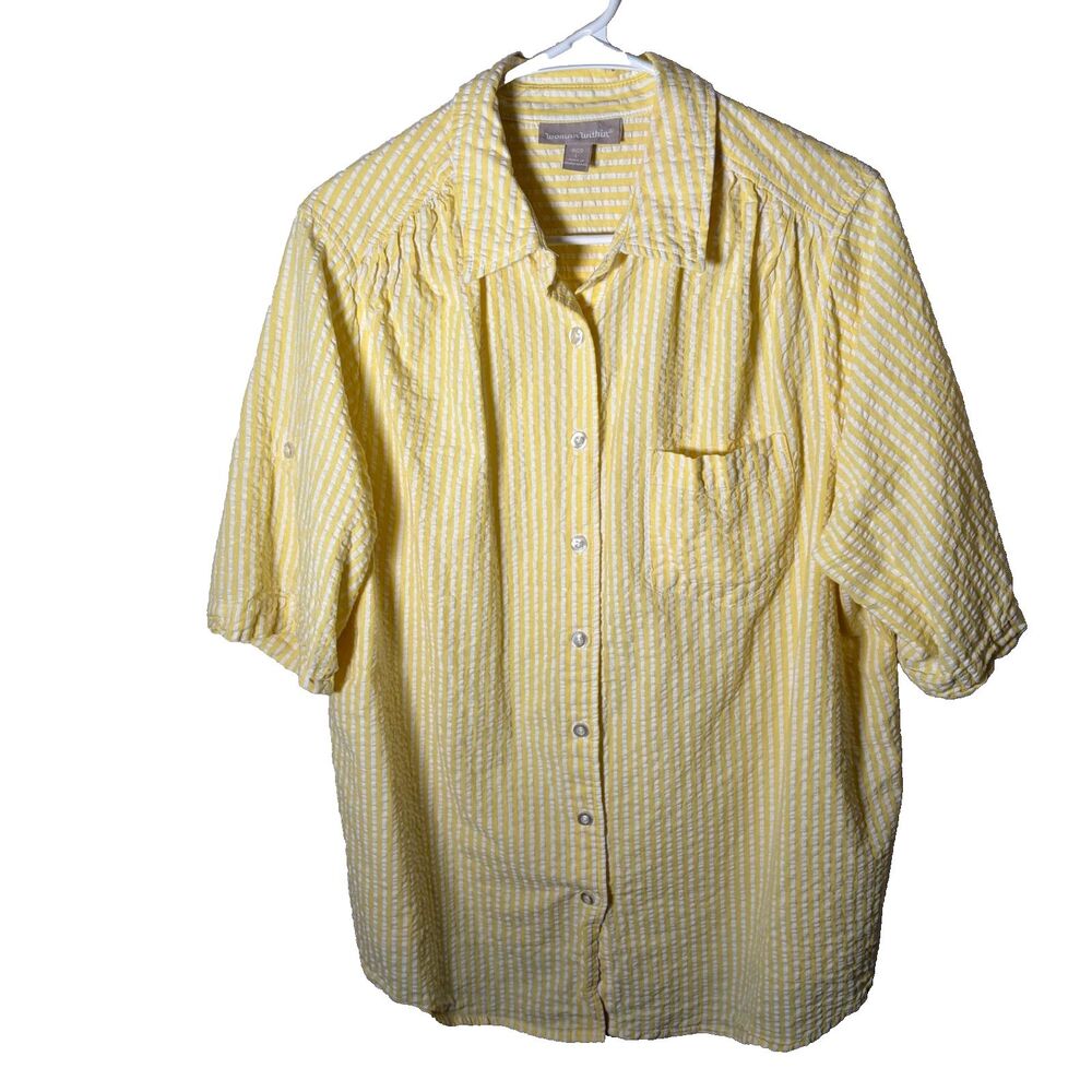 Woman Within Shirt Women's Large 18/20 Seersucker Yellow Striped Short Sleeve
